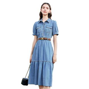 betu百图女装2026年夏季新款港味气质收腰显瘦中长款牛仔连衣裙