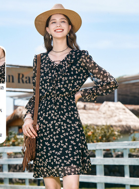 betu百图女装2025年春装新款碎花系带复古气质高腰显瘦连衣裙子