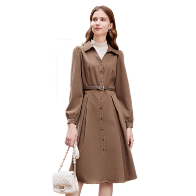 betu百图女装2025年冬季新款翻领收腰通勤中长款衬衫式连衣裙