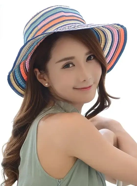 春天帽子女布艺韩版夏天遮阳防晒沙滩帽彩色条纹可折叠便携渔夫帽