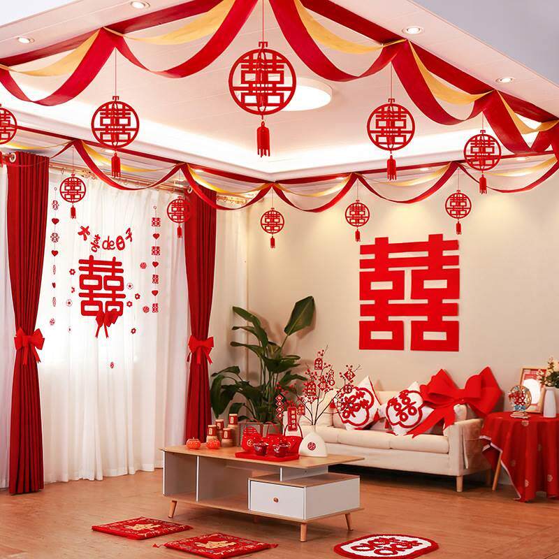 婚房悬吊式天花板装饰波浪旗布置客厅主卧屋顶拉花天花板婚庆用品