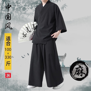 仙风道骨棉麻男装汉服唐装斜襟道袍居士禅修茶服中国风大码两件套