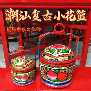 潮汕迎标旗头挂饰迷你型手工竹编传统小花篮春盛喜庆用品车载摆件