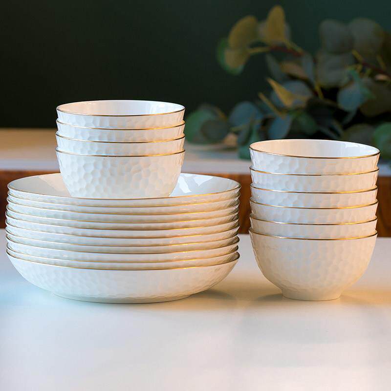 碗盘套装家用陶瓷金边碗碟组合创意欧式骨瓷餐具十个碗十个盘礼盒