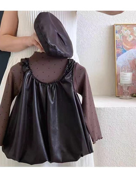 女宝宝韩版花苞皮裙连衣裙新款儿童洋气复古波点打底三件套31085