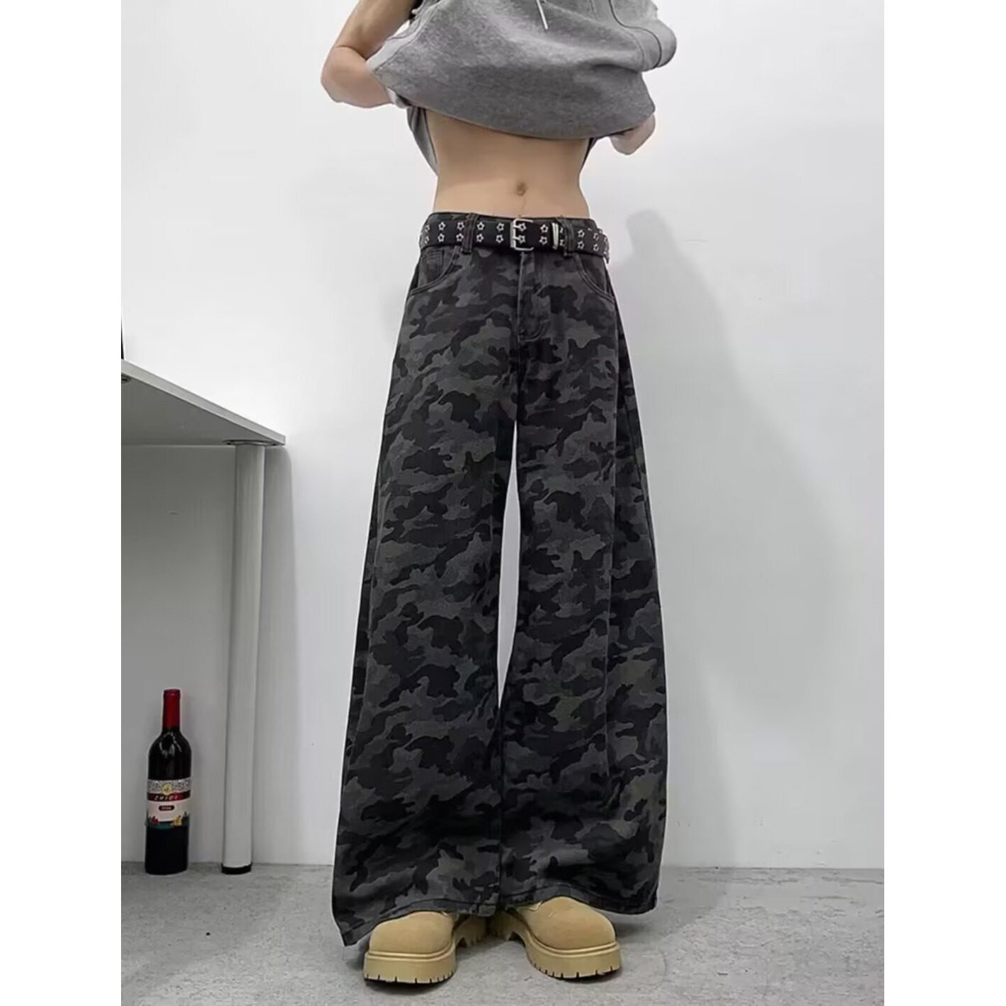 大码美式迷彩工装牛仔裤新款宽松拖地阔腿长裤513ACK2241P40图片