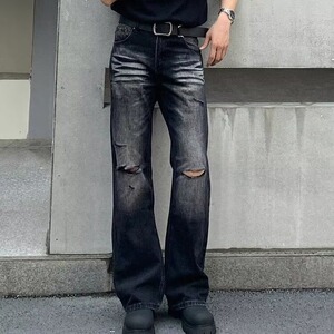 个性剪裁破洞牛仔裤男复古潮流猫须宽松直筒长裤513ACK2244P48图片
