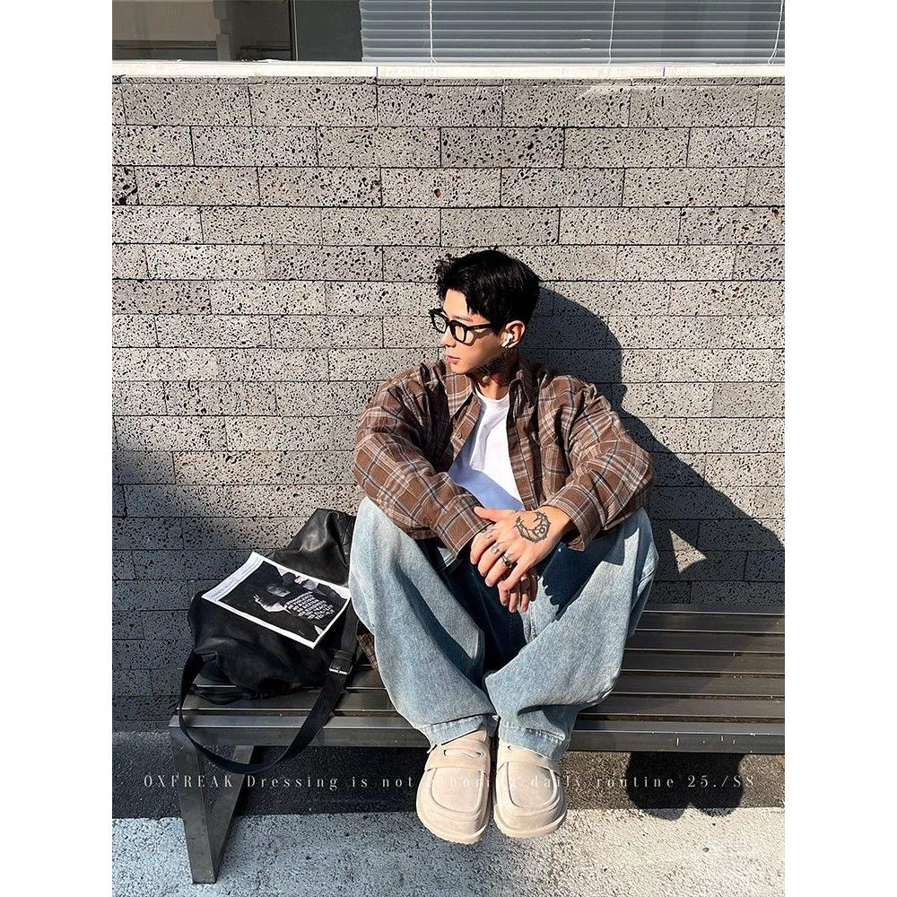 粉红色格子衬衫男款多巴胺穿搭外套春季日系复古休闲翻领长袖衬衣,男装衬衫,星座513A