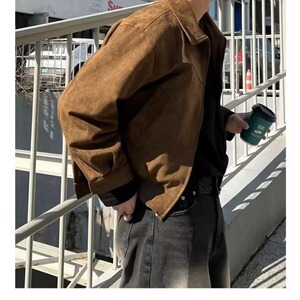 美式鹿皮绒短款男棕色外套韩系工装夹克上衣513AJK2296P58图片