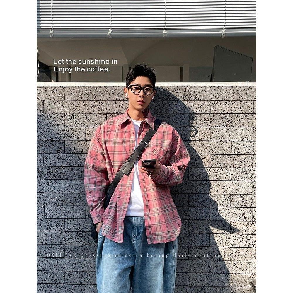 粉红色格子衬衫男款多巴胺穿搭外套春季日系复古休闲翻领长袖衬衣,男装衬衫,星座513A