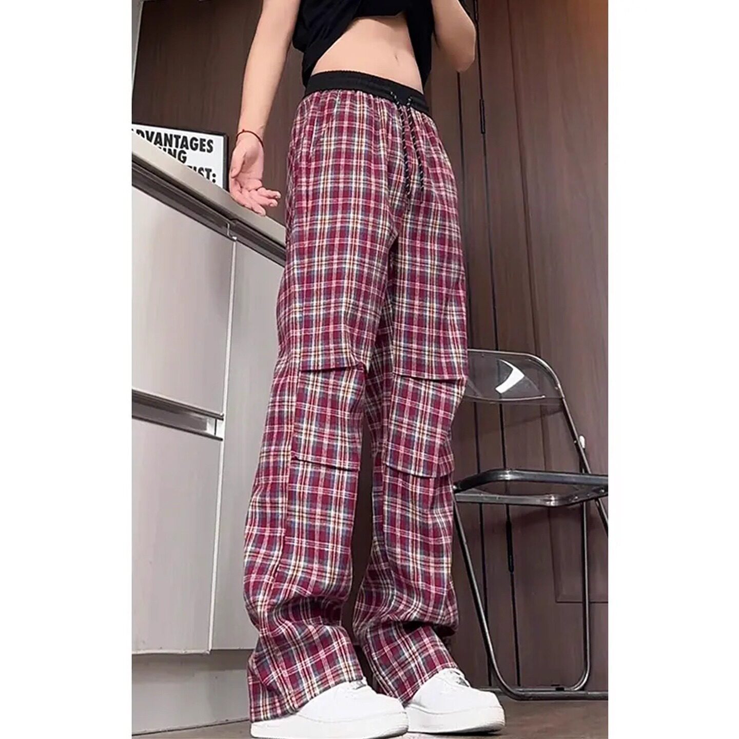 经典格子裤男褶皱撞色休闲裤美式复古宽松显瘦长裤513ACK2273P34,男装休闲裤,星座513A