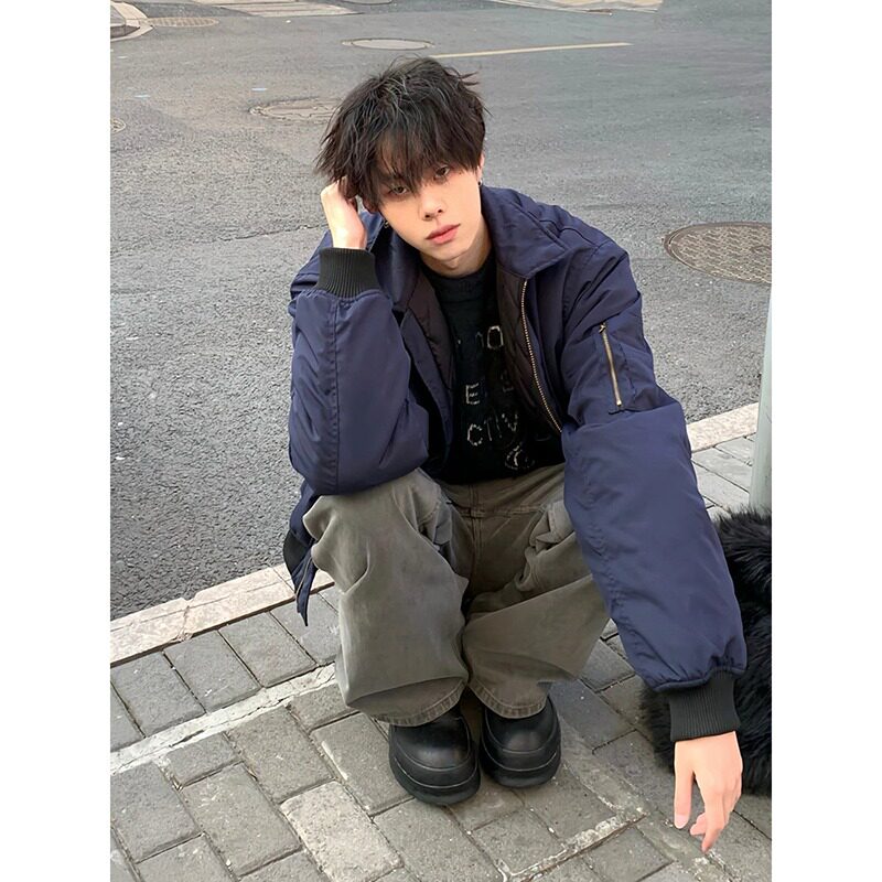 美式cleanfit短款外套男秋季翻领黑色bomber飞行员夹克潮牌棒球服,男装夹克,星座513A
