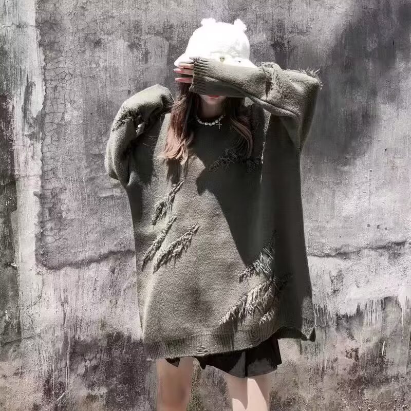 毛衣男外套宽松美式街头情侣毛边针织衫圆领毛线衣513AMY2217P40,男装针织衫/毛衣,星座513A