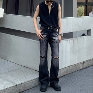 个性剪裁破洞牛仔裤男复古潮流猫须宽松直筒长裤513ACK2244P48图片