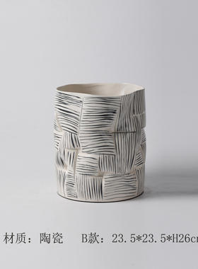 现代简约黑白线条编m织纹陶瓷花瓶摆件北欧样板间客厅茶几花器装