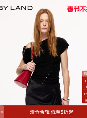 IF BY LAND 2025年春季新款女装黑色法式斜肩纽结混纺T恤短袖女