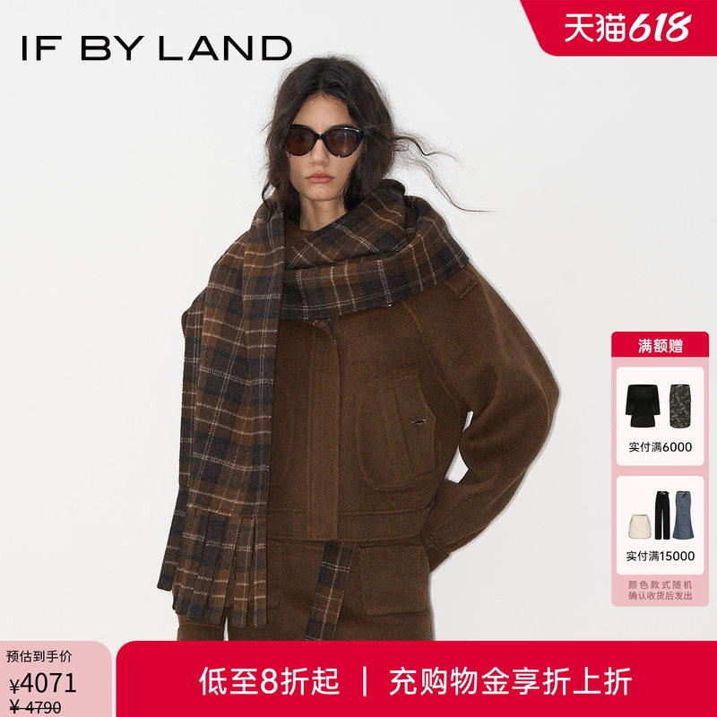 邓恩熙艾米同款IF BY LAND 新款格纹双面呢围巾夹克外套女