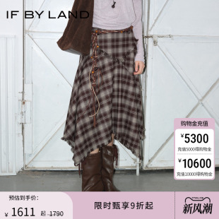 LAND25秋都市游牧風(fēng)不規(guī)則毛邊格紋半身裙女 于文文春夏同款
