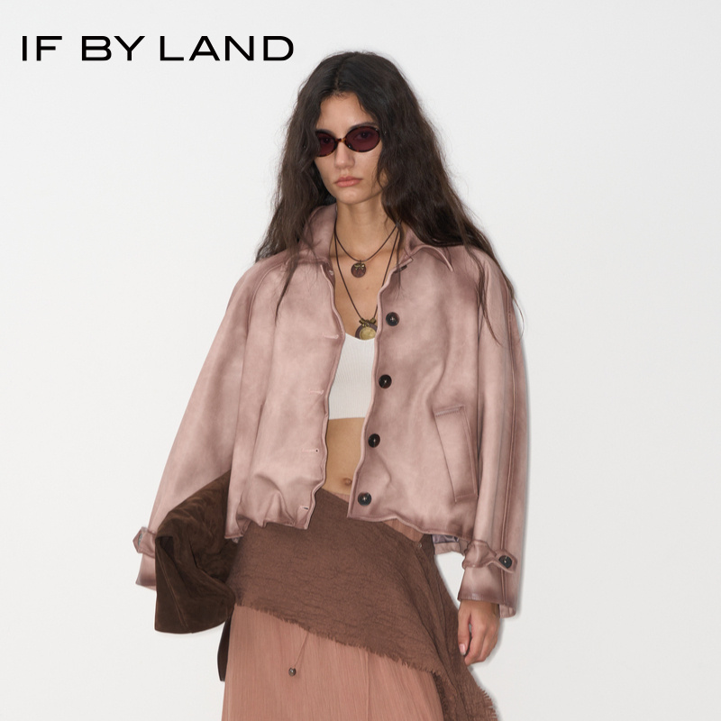 IF BY LAND 设计师品牌 25年秋季新款做旧金属丝造型环保皮外套女