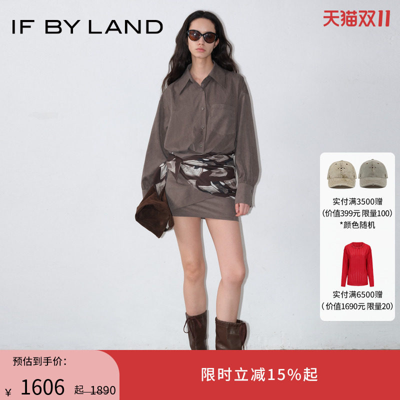 IF BY LAND 2025新款秋美拉德高智风丝巾装饰灰色假两件连衣裙女