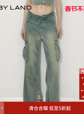IF BY LAND 设计师品牌 秋冬蓝色复古翻腰头侧口袋工装牛仔长裤