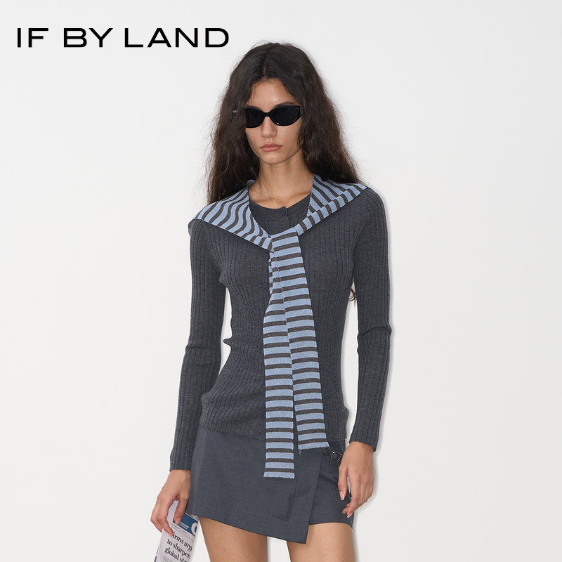 IF BY LAND 设计师品牌25秋季新款蓝灰色条纹披肩绵羊毛开衫女