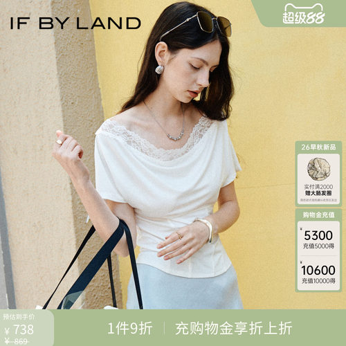 if by land-柔软蕾丝系列   26春夏新品白色一字肩蕾丝短袖T恤