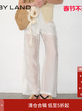 IF BY LAND2025年春季新款白色法式蕾丝拼接休闲抽绳直筒长裤女