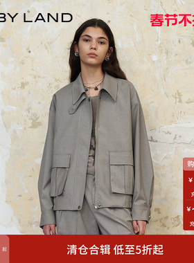 IF BY LAND 设计师品牌春夏灰色翻领双贴袋下摆抽褶休闲外套女