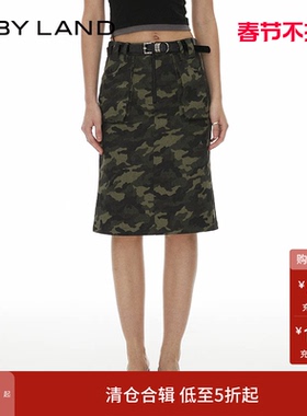 IF BY LAND 设计师品牌 秋冬宽松休闲伞裙绿色迷彩工装感半身裙