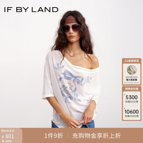 IF BY LAND 设计师品牌2026春季新款一字肩飞鸟蝴蝶结印花烫钻T恤