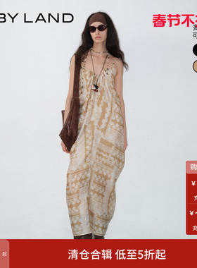 IF BY LAND 2025年新款夏季度假风露背吊带连衣裙旅游印花长裙女
