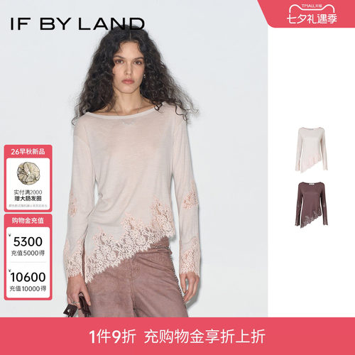 if by land设计师品牌26秋季新品白色撞粉蕾丝斜摆上衣