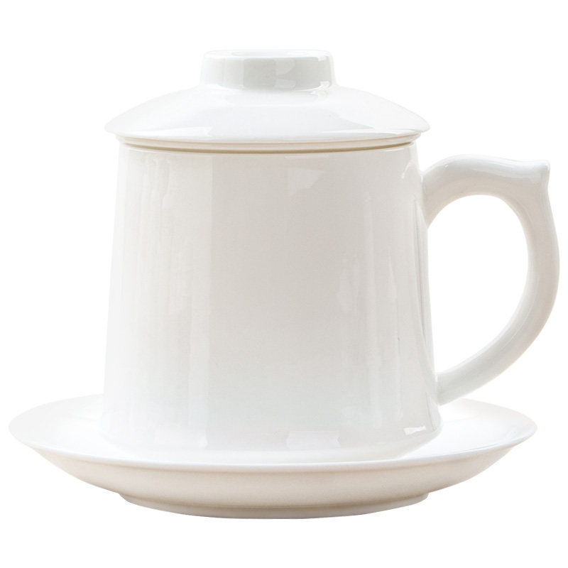 纯白骨瓷茶杯陶瓷盖杯大容量办公室水杯茶水分PP离过滤带盖茶漏杯
