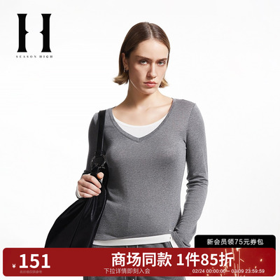 SEASON HIGH秋季时尚V领假两件上衣百搭宽松长袖T恤