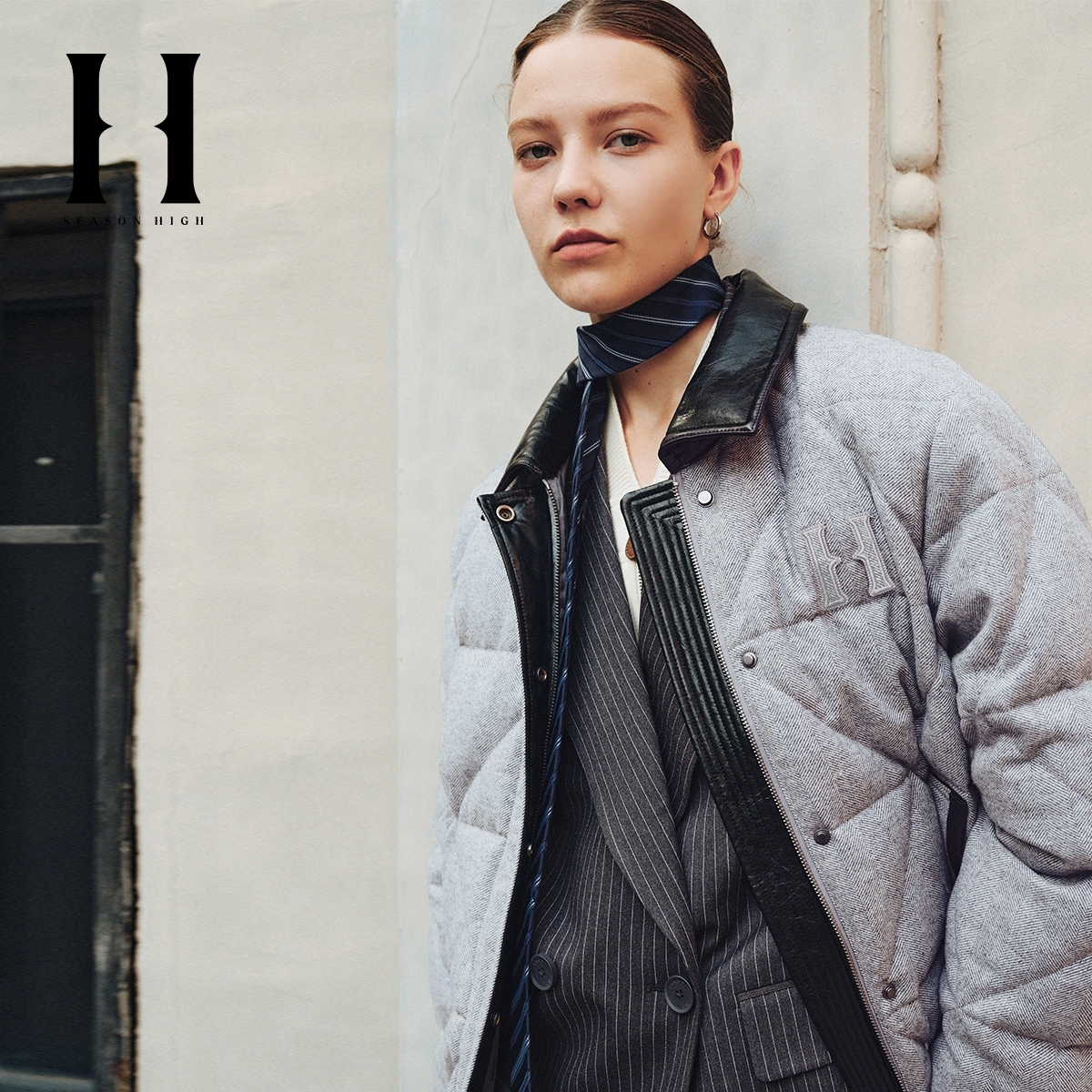 SEASONHIGH时尚贴布翻领羽绒服