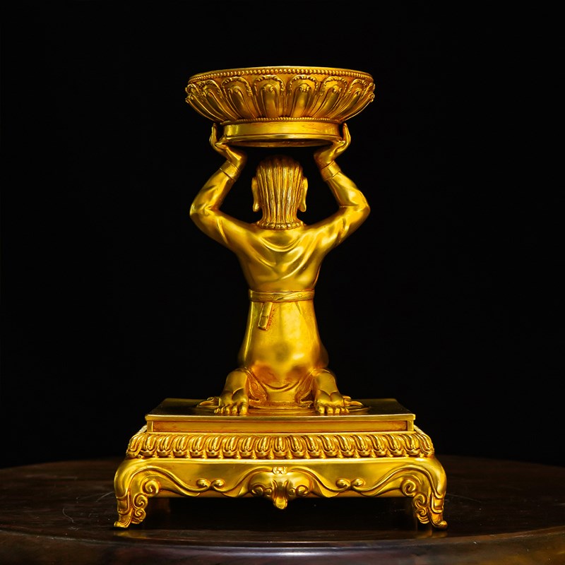 尼泊尔工艺藏式铜鎏金隆睹u喇嘛灯座7寸酥油灯座鎏金烛台底座摆件