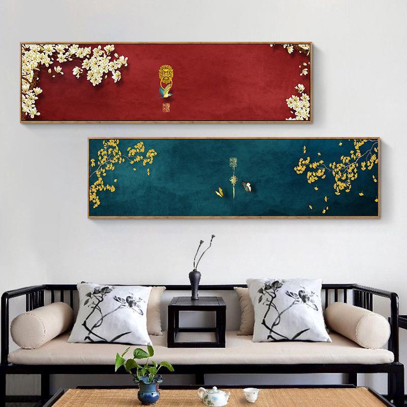 新中式现代简约中国红横幅挂画墨绿树枝屋檐床头版画客厅装饰画图片