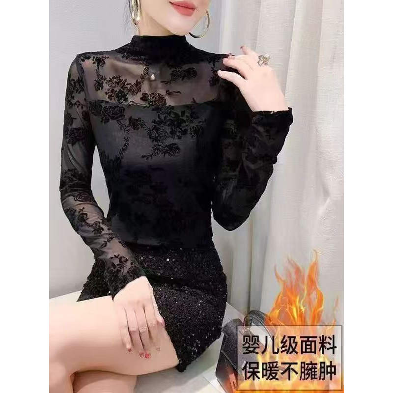 轻熟性感韩版法式半高领蕾丝衫加绒打底植绒上衣显瘦长袖洋气时尚