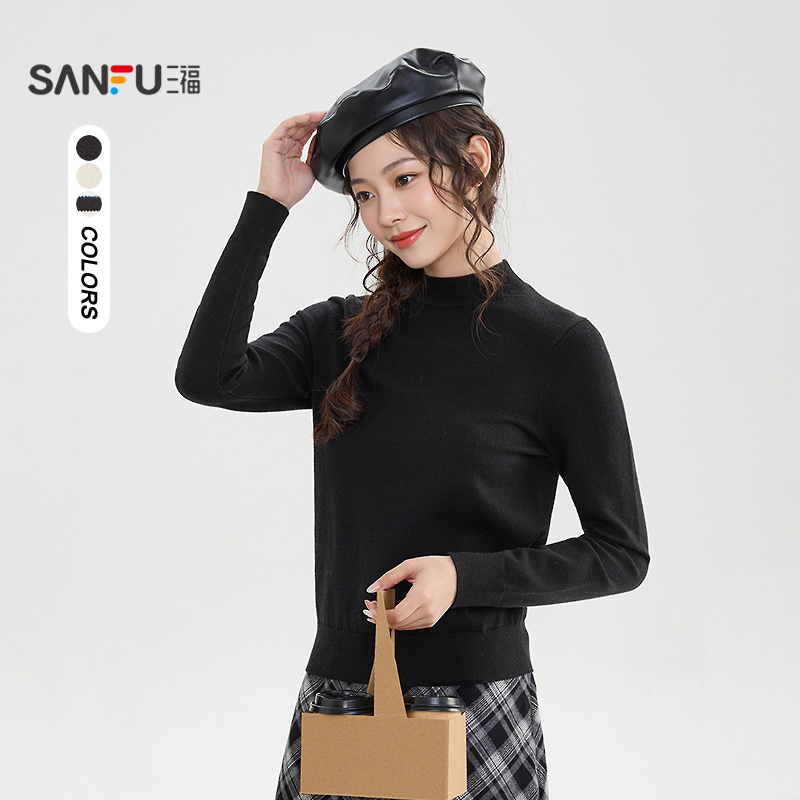 三福中领毛衫2025冬季加厚保暖打底毛针织衫上衣女装514459