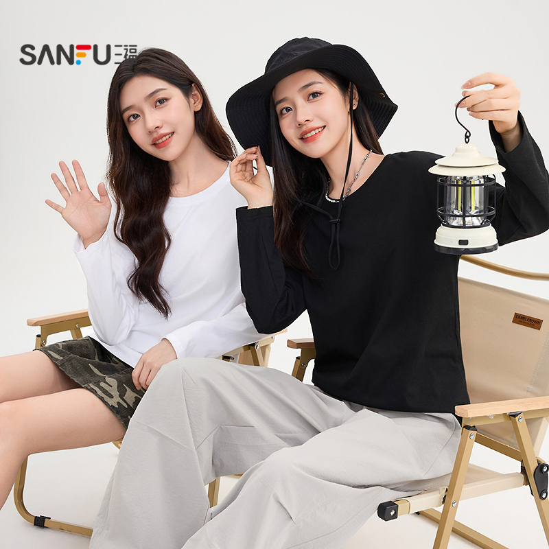 三福长T恤2025秋季圆领设计修身宽松时尚打底上衣女装503950