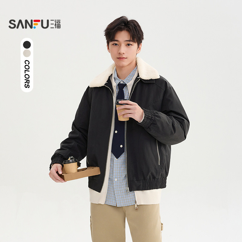 三福2025冬季男士毛领羽绒服 时尚微落翻领保暖外套505362