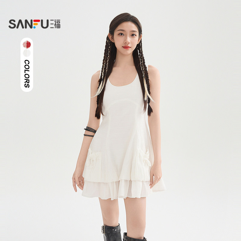 三福连衣裙2026春季蝴蝶结绑带口袋圆领花苞裙子女装520492