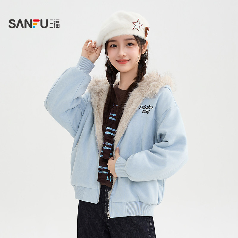 三福厚外套2026冬季小熊耳朵连帽刺绣加绒派克服女装512261