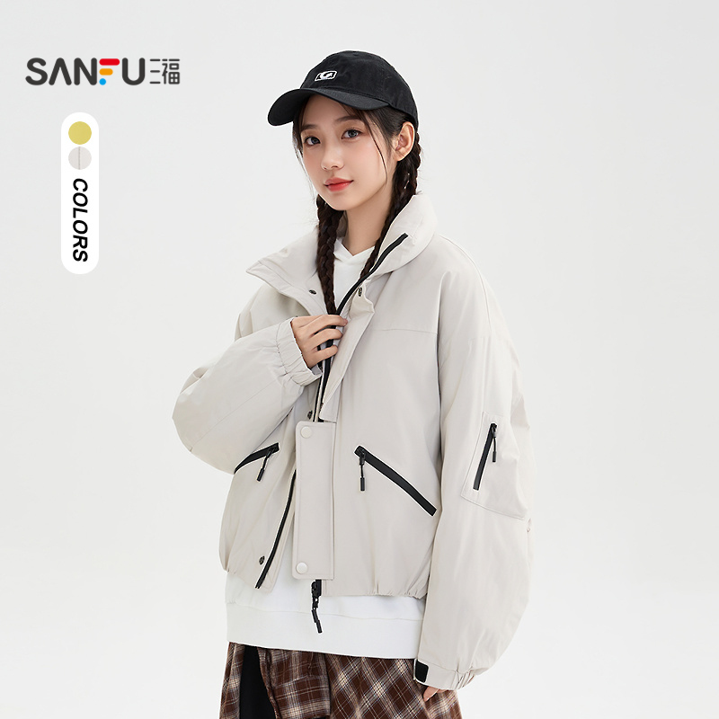 三福羽绒服2025冬季拉链口袋派克服双搭片撞色外套女装511244