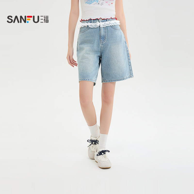 三福短裤2026夏季蕾丝拼接口袋宽松四分牛仔裤子女装524623