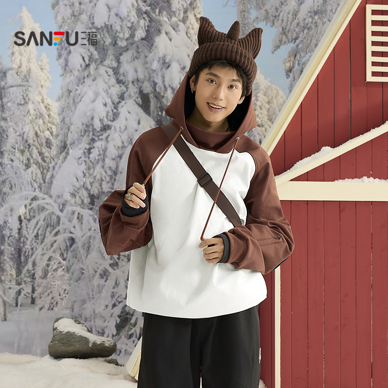 三福2025冬季男士袖子垫子插肩袖连帽卫衣 街潮宽松上衣513402