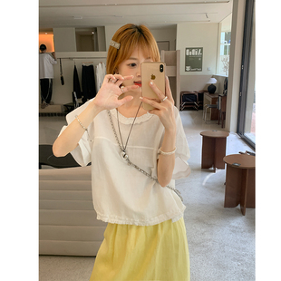 法式 衬衫 女2025夏季 衬衣 甜美木耳边圆领短袖 夏日风情 泡泡袖