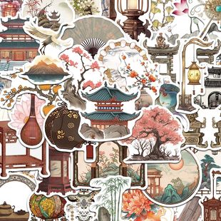 100張復(fù)古風(fēng)小物懷舊貼紙中國古風(fēng)建筑小物件宮廷風(fēng)裝 飾筆記本電腦ipad手機(jī)殼防水貼紙
