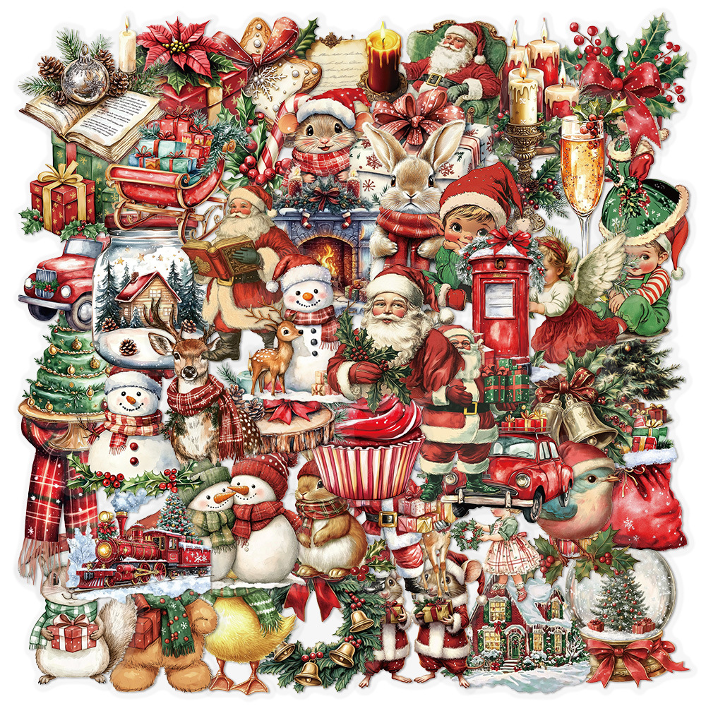 100张复古美式圣诞节贴纸卡通可爱PET透明防水贴画圣诞老人节日礼物diy装饰素材手账吉他笔记本手机电脑平板